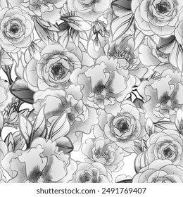 Abstract seamless pattern with plants, herbs and flowers, botanical illustration.