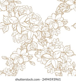 Abstract seamless pattern with plants, herbs and flowers, botanical illustration.