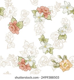 Abstract seamless pattern with plants, herbs and flowers, botanical illustration.