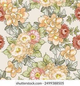 Abstract seamless pattern with plants, herbs and flowers, botanical illustration.