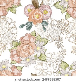 Abstract seamless pattern with plants, herbs and flowers, botanical illustration.