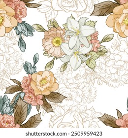 Abstract seamless pattern with plants, herbs and flowers, botanical illustration.