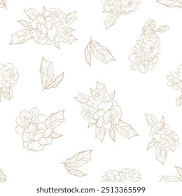 Abstract seamless pattern with plants, herbs and flowers, botanical illustration.