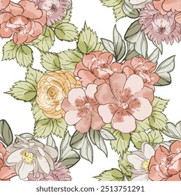 Abstrato padrão sem emenda com plantas, ervas e flores, ilustração botânica.