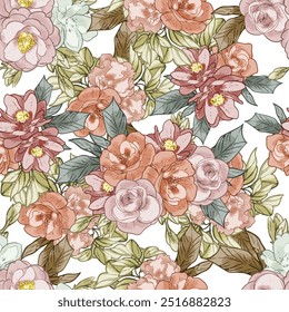Abstract seamless pattern with plants, herbs and flowers, botanical illustration.