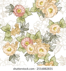 Abstract seamless pattern with plants, herbs and flowers, botanical illustration.