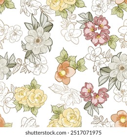 Abstrato padrão sem emenda com plantas, ervas e flores, ilustração botânica.