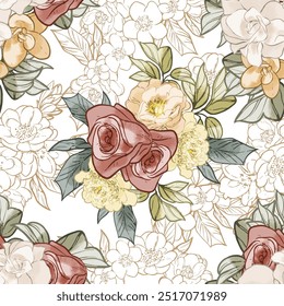 Abstrato padrão sem emenda com plantas, ervas e flores, ilustração botânica.