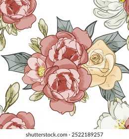 Abstract seamless pattern with plants, herbs and flowers, botanical illustration.