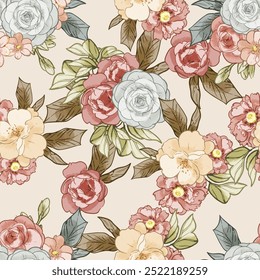 Abstract seamless pattern with plants, herbs and flowers, botanical illustration.