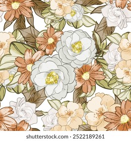 Abstract seamless pattern with plants, herbs and flowers, botanical illustration.