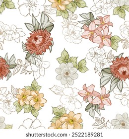 Abstract seamless pattern with plants, herbs and flowers, botanical illustration.
