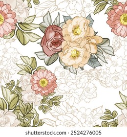 Abstract seamless pattern with plants, herbs and flowers, botanical illustration.