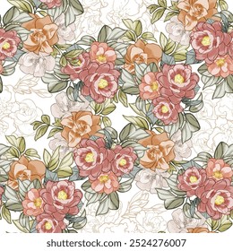Abstrato padrão sem emenda com plantas, ervas e flores, ilustração botânica.
