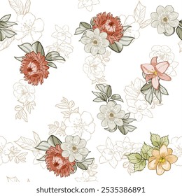 Abstraktes, nahtloses Muster mit Pflanzen, Kräutern und Blumen, botanische Illustration.