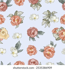 Abstract seamless pattern with plants, herbs and flowers, botanical illustration.