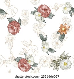 Abstract seamless pattern with plants, herbs and flowers, botanical illustration.