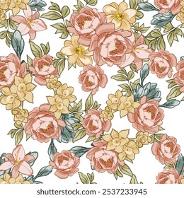 Abstract seamless pattern with plants, herbs and flowers, botanical illustration.