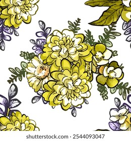 Abstractas patrón sin fisuras con plantas, hierbas y flores, ilustración botánica.