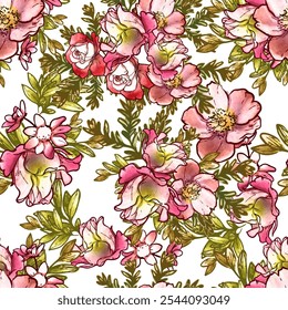 Abstract seamless pattern with plants, herbs and flowers, botanical illustration.