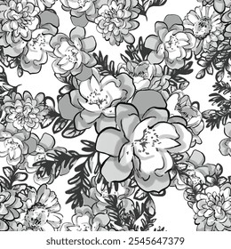 Abstraktes, nahtloses Muster mit Pflanzen, Kräutern und Blumen, botanische Illustration.