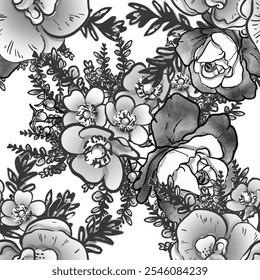 Abstraktes, nahtloses Muster mit Pflanzen, Kräutern und Blumen, botanische Illustration.