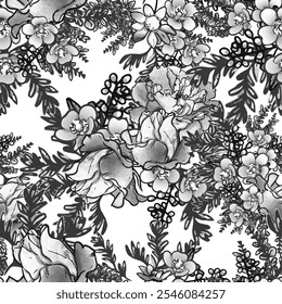 Abstract seamless pattern with plants, herbs and flowers, botanical illustration.