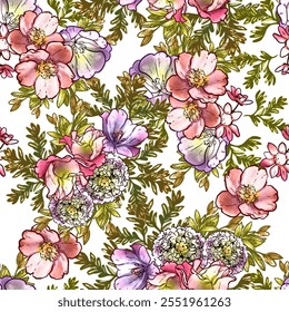 Abstract seamless pattern with plants, herbs and flowers, botanical illustration.