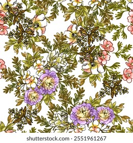 Abstrato padrão sem emenda com plantas, ervas e flores, ilustração botânica.