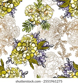 Abstract seamless pattern with plants, herbs and flowers, botanical illustration.
