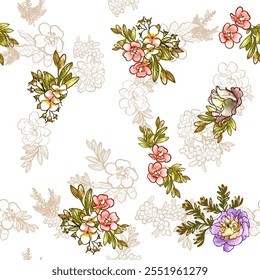 Abstract seamless pattern with plants, herbs and flowers, botanical illustration.