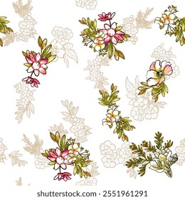 Abstract seamless pattern with plants, herbs and flowers, botanical illustration.