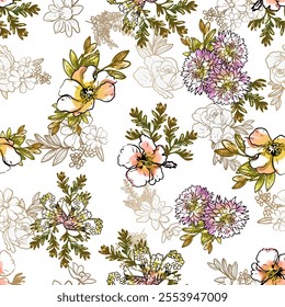 Abstract seamless pattern with plants, herbs and flowers, botanical illustration.