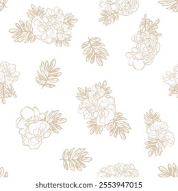 Abstract seamless pattern with plants, herbs and flowers, botanical illustration.