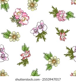 Abstract seamless pattern with plants, herbs and flowers, botanical illustration.