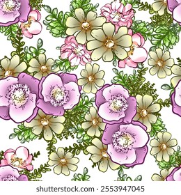 Abstract seamless pattern with plants, herbs and flowers, botanical illustration.