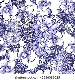 Abstract seamless pattern with plants, herbs and flowers, botanical illustration.