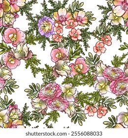 Abstract seamless pattern with plants, herbs and flowers, botanical illustration.
