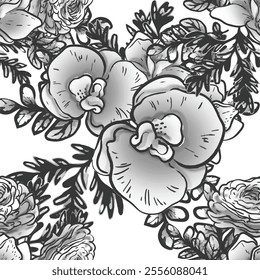 Abstract seamless pattern with plants, herbs and flowers, botanical illustration.