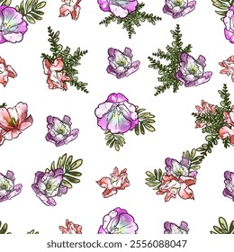 Abstract seamless pattern with plants, herbs and flowers, botanical illustration.