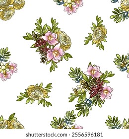 Abstract seamless pattern with plants, herbs and flowers, botanical illustration.