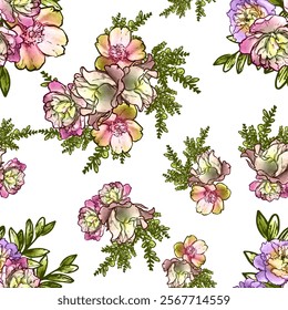 Abstract seamless pattern with plants, herbs and flowers, botanical illustration.