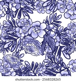 Abstract seamless pattern with plants, herbs and flowers, botanical illustration.