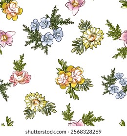 Abstract seamless pattern with plants, herbs and flowers, botanical illustration.