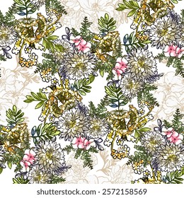 Abstract seamless pattern with plants, herbs and flowers, botanical illustration.