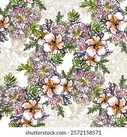 Abstract seamless pattern with plants, herbs and flowers, botanical illustration.