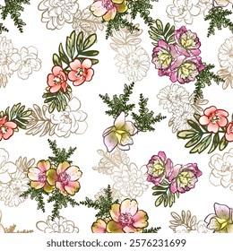 Abstract seamless pattern with plants, herbs and flowers, botanical illustration.