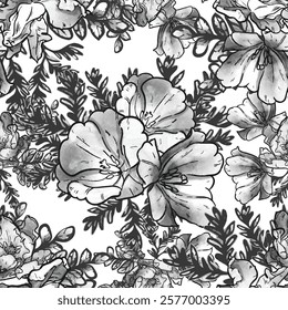 Abstract seamless pattern with plants, herbs and flowers, botanical illustration.