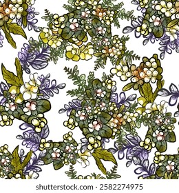 Abstract seamless pattern with plants, herbs and flowers, botanical illustration.