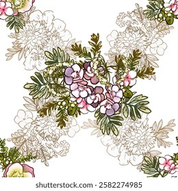 Abstract seamless pattern with plants, herbs and flowers, botanical illustration.